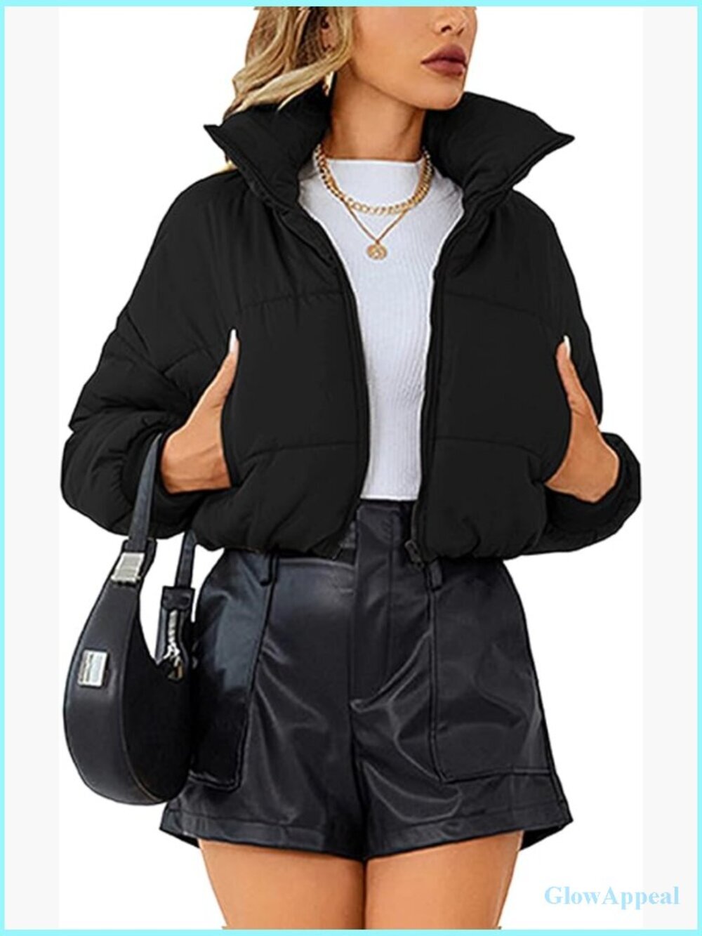 Lightweight Quilted Puffer Jacket Cropped Stand Collar Zipper Long Sleeve